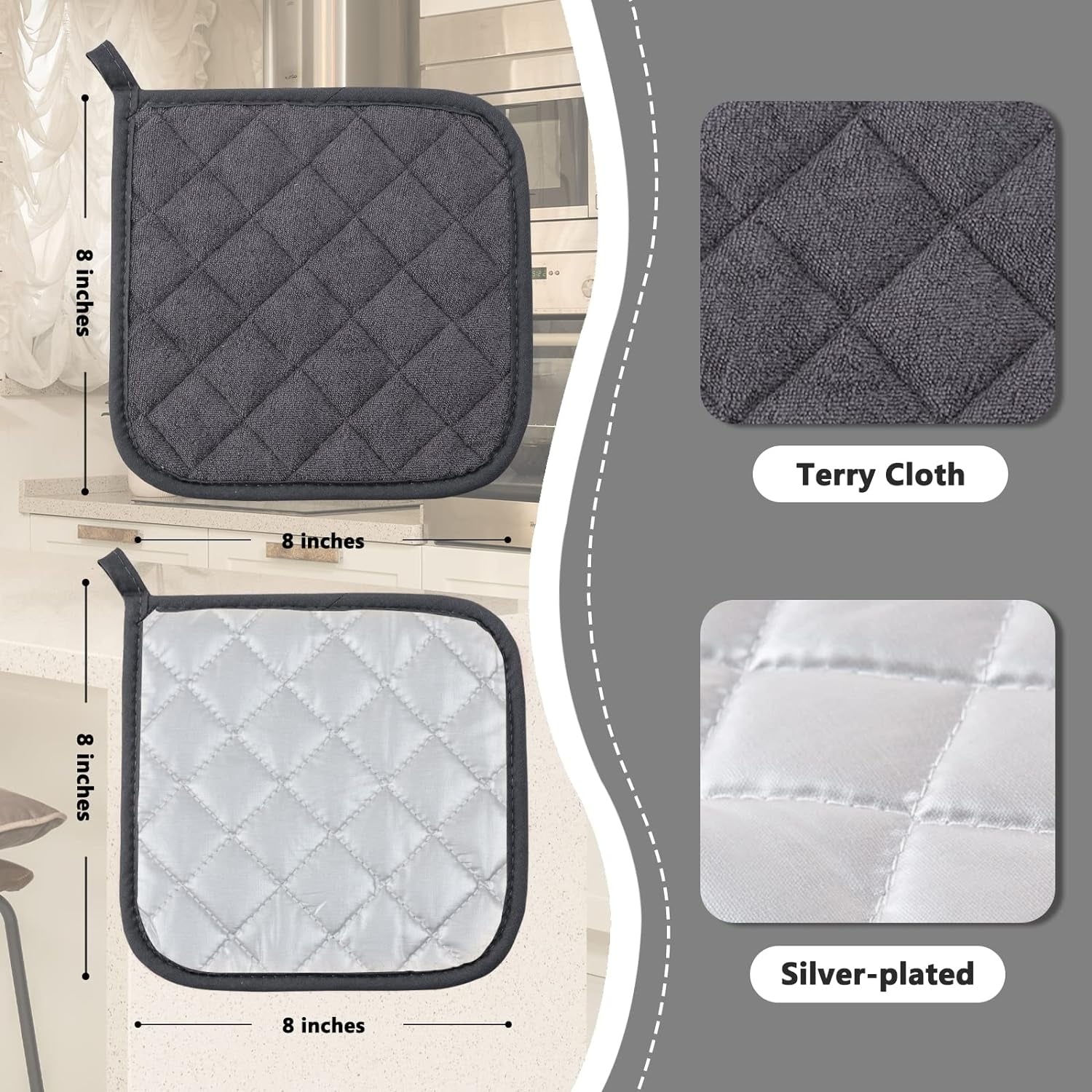 4 Pack Pot Holders for Kitchen Clearance, Hot Pads for Kitchen, Countertops, Oven Pot Holders Bulk, Potholders Sets for Kitchens Heat Resistant, Grey