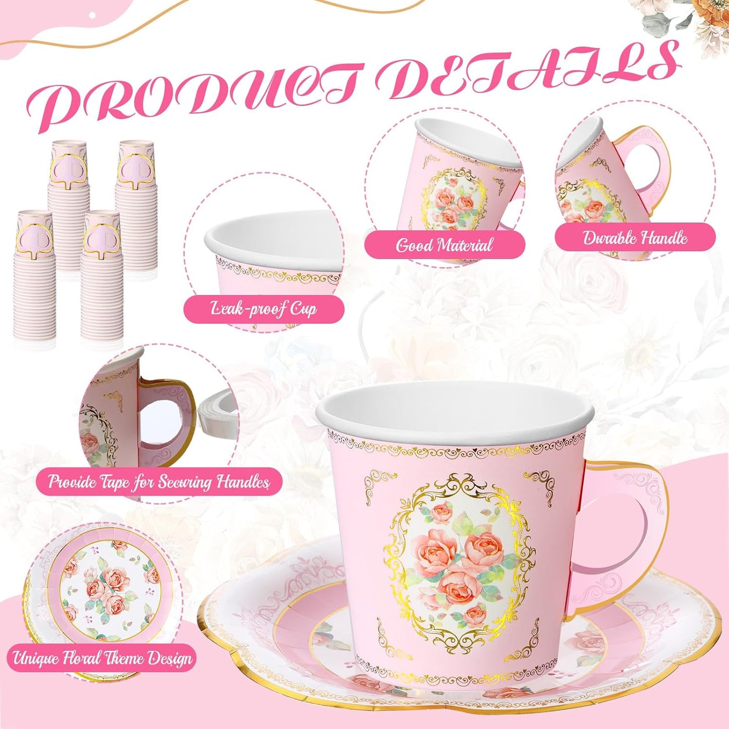 60 Sets of Floral Paper Tea Party Decorations - 6.5 Oz Disposable Teacups with Handles and Saucers for Hot and Cold Beverages - Pink Rustic Design for Birthday Celebrations