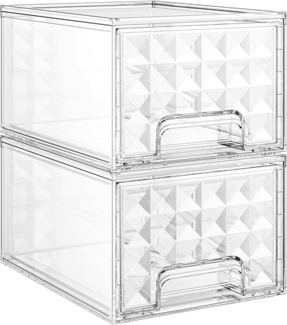 2 Pack Stackable Storage Drawers, Makeup Skincare Holder Vanity Storage Organizer, Plastic Drawers for Vanity Desk, Undersink, Kitchen Cabinet, Pantry, Bottle Organizer Baby and Storage,Clear