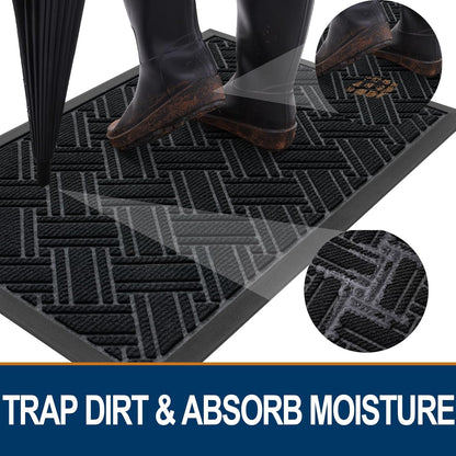 Indoor Outdoor Mat, Sturdy Natural Rubber Floor Mat, Non Slip Low Profile Waterproof Doormat, and Stain Front Door Mats, Easy Clean Patio Entrance Mat, 30''X17'', Black