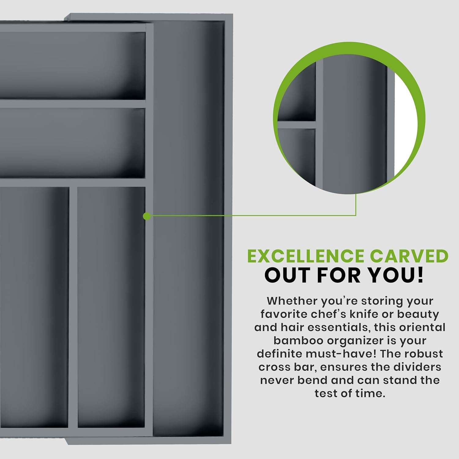 Expandable Bamboo Utensil Drawer Organizer, Silverware Organizer for Cutlery, Utensils, Flatware Holder (6-8 Slots, Grey) Pack of 1