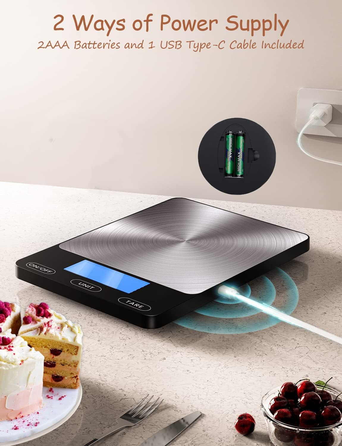 Food Scale -33Lb Digital Kitchen Scale for Food Ounces Grams Rechargeable 304 Stainless Steel,Batteries and Type-C Charging | Perfect for Meal Prep, Cooking, and Baking, Black