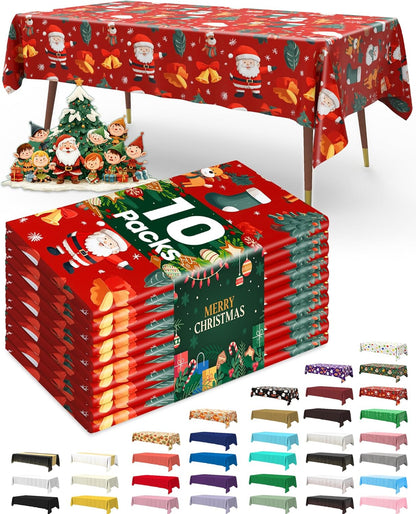 Plastic Table Cloth Disposable 10 Pack, 54 X 108 Inch Table Cloths for Parties, Decorative Tablecloths for Rectangle Tables, Christmas Tablecloth Plastic, Leakproof & Sturdy, Christmas Red