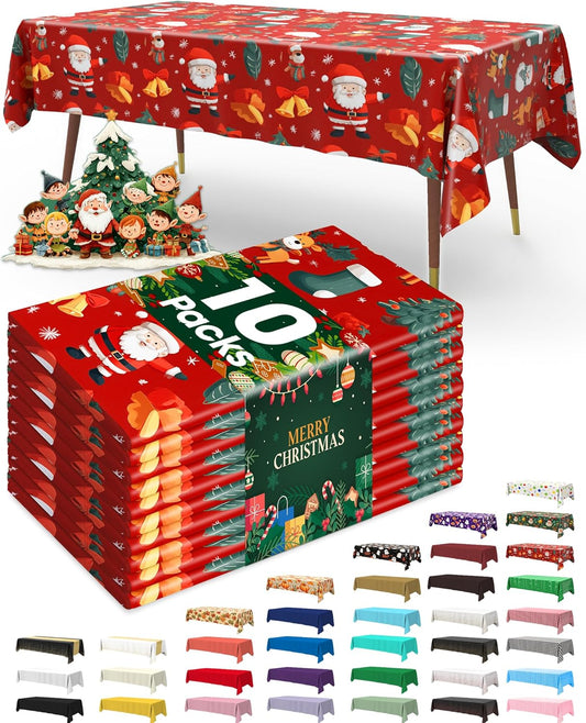 Plastic Table Cloth Disposable 10 Pack, 54 X 108 Inch Table Cloths for Parties, Decorative Tablecloths for Rectangle Tables, Christmas Tablecloth Plastic, Leakproof & Sturdy, Christmas Red