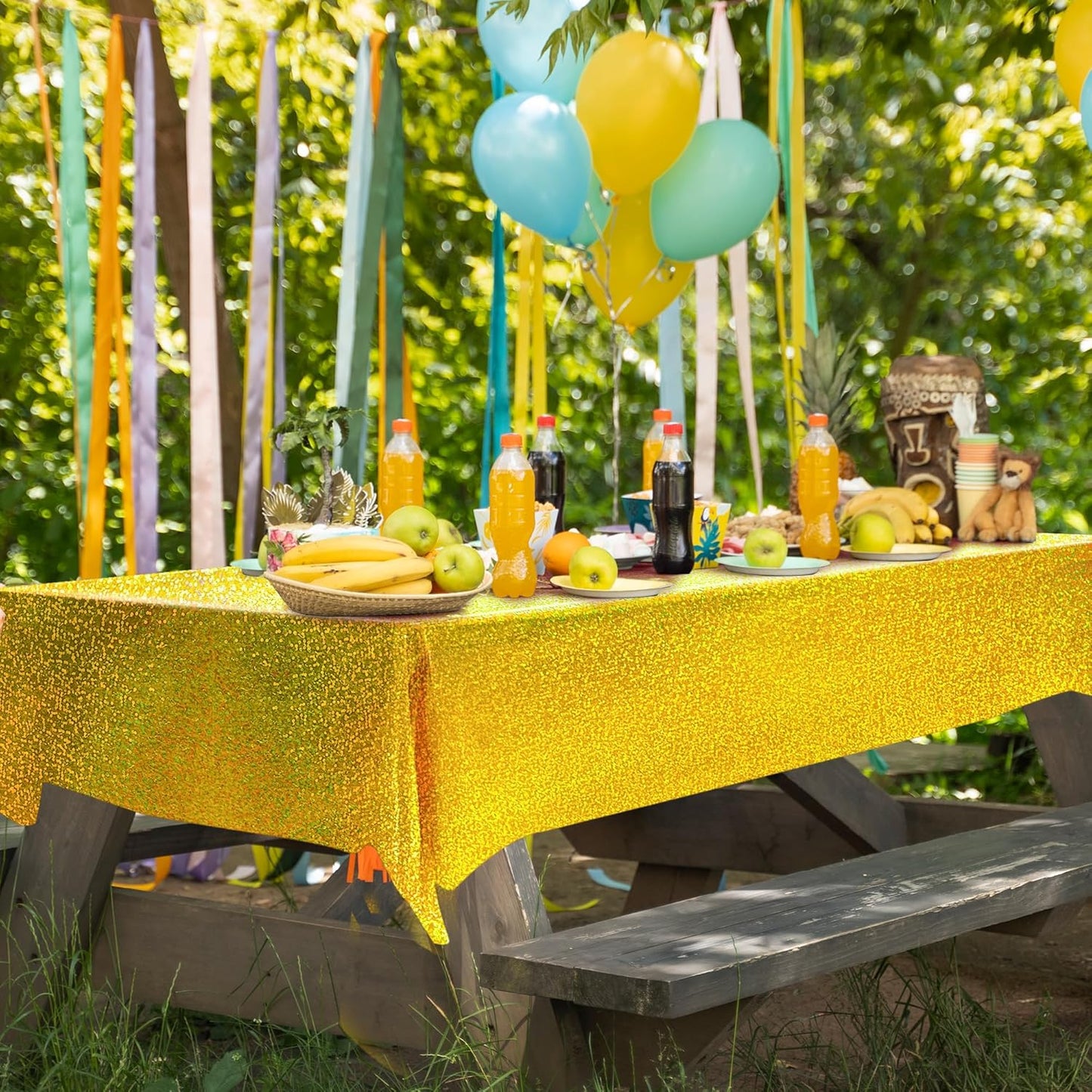 Holographic Laser Tablecloth Set - Waterproof and Easy to Clean - Perfect for Halloween, Bachelorette, Mermaid, Birthday, Wedding, and Anniversary Celebrations (Black & Gold, Set of 2)