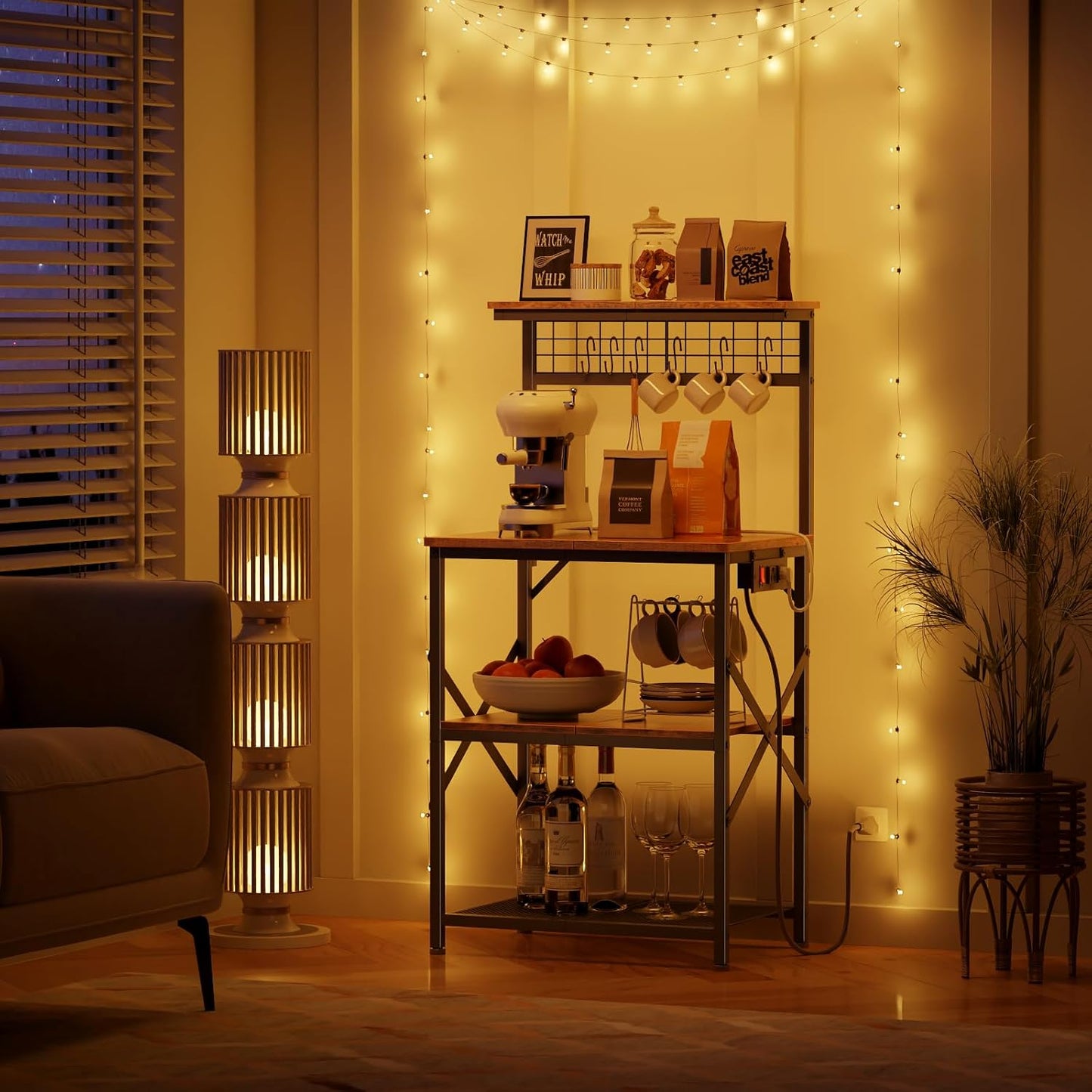 Kitchen Bakers Rack with Power Outlet, Microwave Oven Stand with Storage 4 Tiers, Coffee Bar Table with 6 S Hooks, Kitchen Storage Shelf Rack for Spices, Pots, Rustic Brown