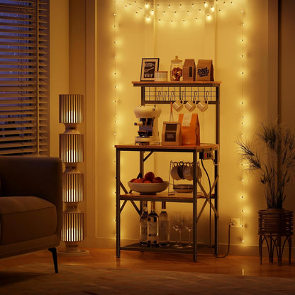 Kitchen Bakers Rack with Power Outlet, Microwave Oven Stand with Storage 4 Tiers, Coffee Bar Table with 6 S Hooks, Kitchen Storage Shelf Rack for Spices, Pots, Rustic Brown