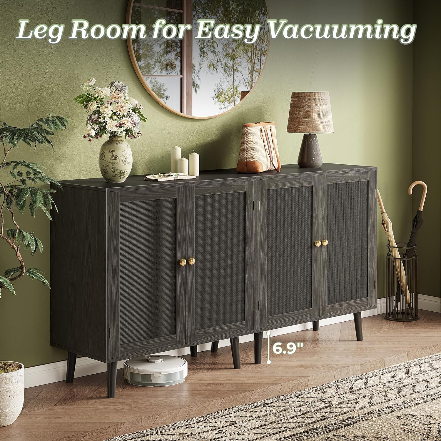Elegant Buffet Cabinet with Storage, Featuring PE Rattan Decor Doors and Solid Wood Feet, Ideal for Hallway, Entryway, and Living Room, All Black Finish