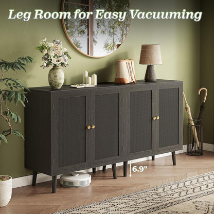 Elegant Buffet Cabinet with Storage, Featuring PE Rattan Decor Doors and Solid Wood Feet, Ideal for Hallway, Entryway, and Living Room, All Black Finish