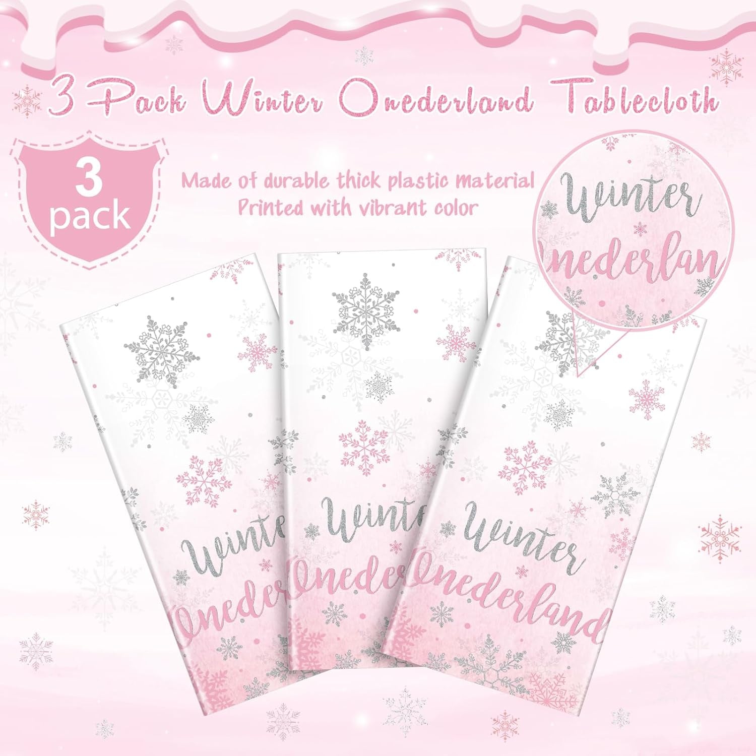 3 Pack Winter Onederland 1St Birthday Tablecloth, Disposable Pink and Silver Winter Snowflake Plastic Table Cover for Winter Onederland Girl Boy 1St Birthday Party Supplies Decorations, 54X108 Inch