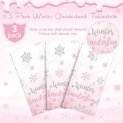3 Pack Winter Onederland 1St Birthday Tablecloth, Disposable Pink and Silver Winter Snowflake Plastic Table Cover for Winter Onederland Girl Boy 1St Birthday Party Supplies Decorations, 54X108 Inch