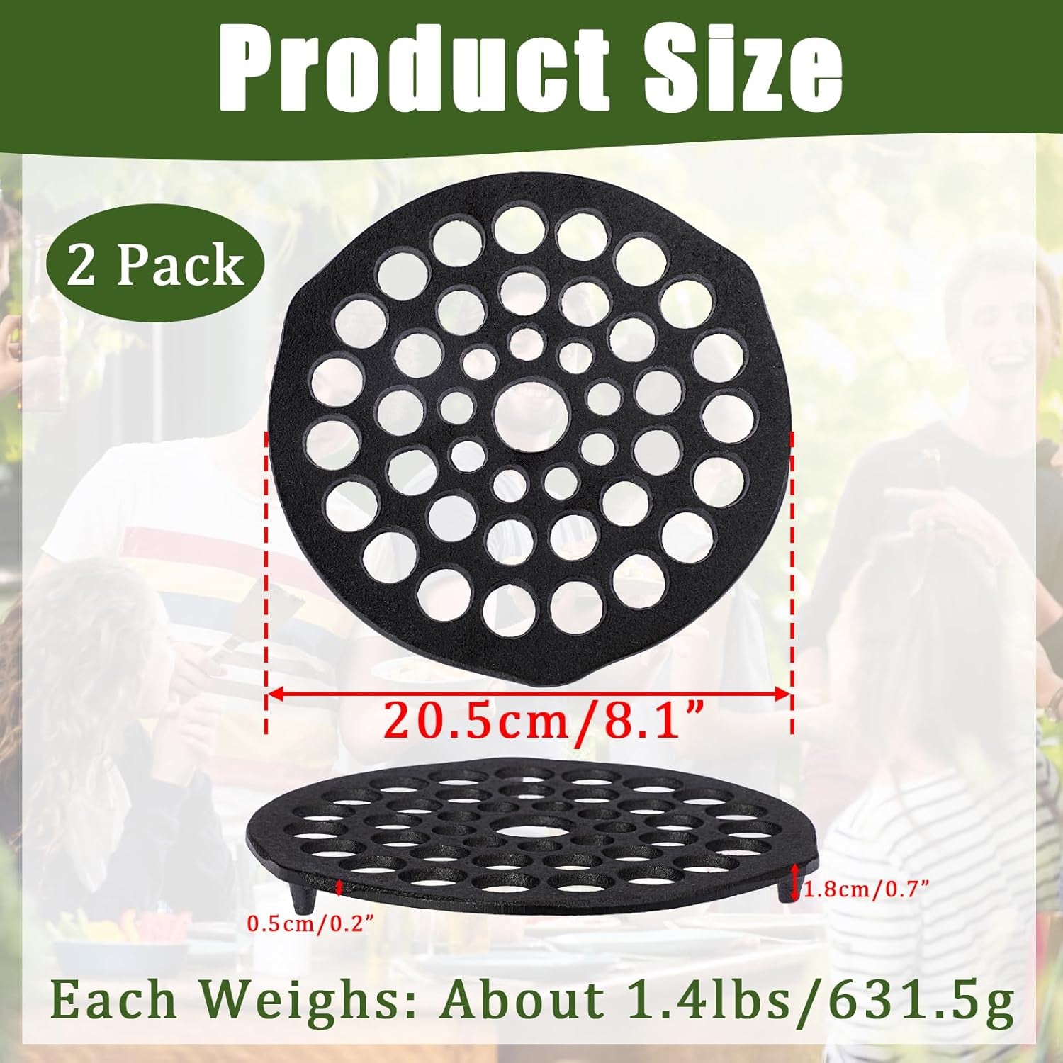Cast Iron Trivet Set (2 Pieces) - 8-Inch Heavy-Duty Meat Rack for Dutch Ovens, Pre-Seasoned Campfire Grate, Burner Diffuser, and Table Trivet - Rust-Resistant Cast Iron Griddle Accessories
