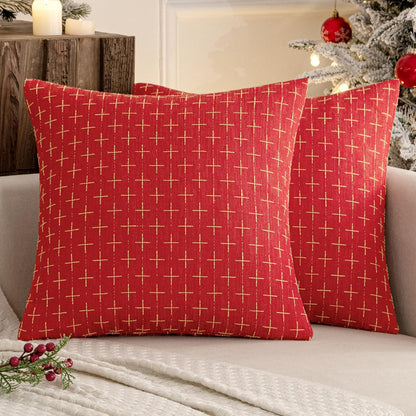 Pack of 2 Christmas Decorative Burlap Linen Throw Pillow Covers Modern Farmhouse Pillowcase Rustic Woven Textured Cushion Cover for Sofa Couch Bed 18X18 Inch Christmas Red