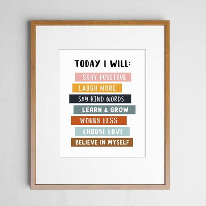 Today I Will Positive Quotes Print, Educational Wall Art for Classroom or Playroom, Inspirational Affirmation Poster for Kids, Unframed (11X14 INCH)