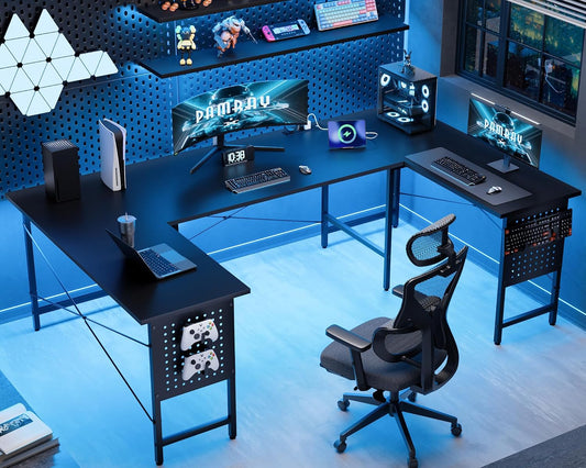 71 Inch Large Computer Desk with Power Outlets,U Shaped Corner Desk for Home Office Work and Gaming Black