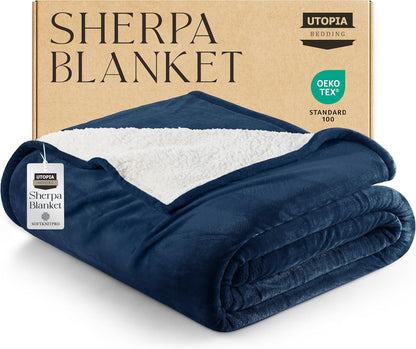 Sherpa Blanket Queen Size (Navy, 90X90 Inches) - Soft Lightweight Plush Fleece Reversible Blanket for Bed, Sofa, Couch, Camping and Travel