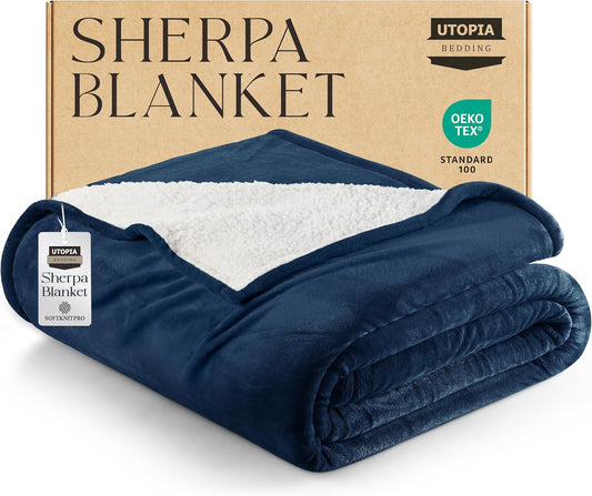 Sherpa Blanket Queen Size (Navy, 90X90 Inches) - Soft Lightweight Plush Fleece Reversible Blanket for Bed, Sofa, Couch, Camping and Travel