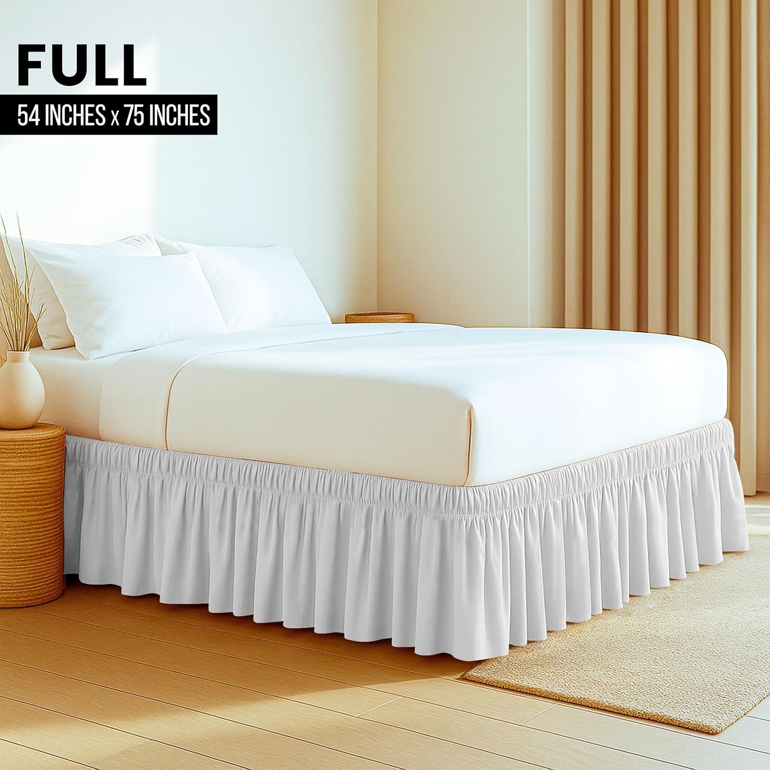 Full Elastic Bed Ruffle - Easy Wrap around Ruffle - Microfiber Bed Skirt with Adjustable Elastic Belt 16 Inch Tailored Drop - Hotel Quality Bedskirt, Fade Resistant (Full, White)