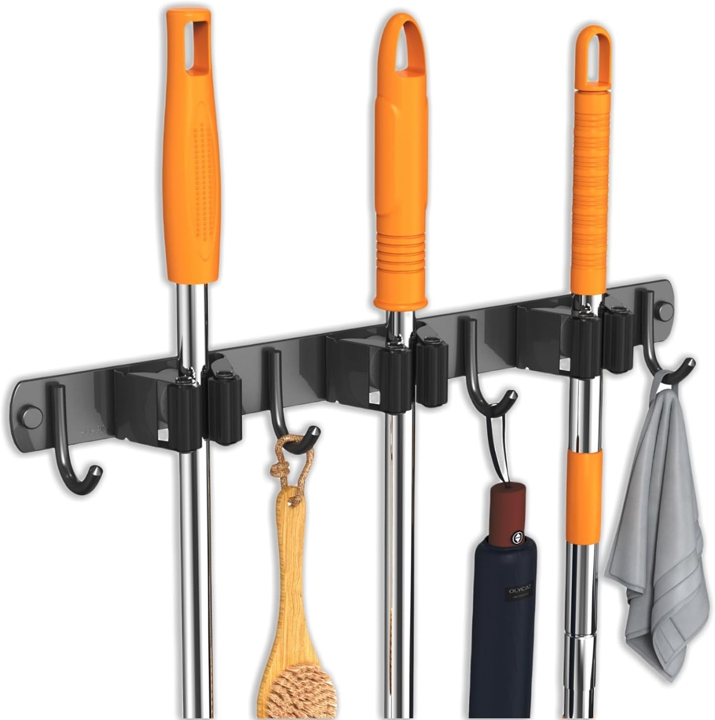 Stainless Steel Wall-Mounted Mop and Broom Holder with 3 Racks and 4 Hooks - Ideal for Kitchen, Garden, and Laundry Room Organization (Black)