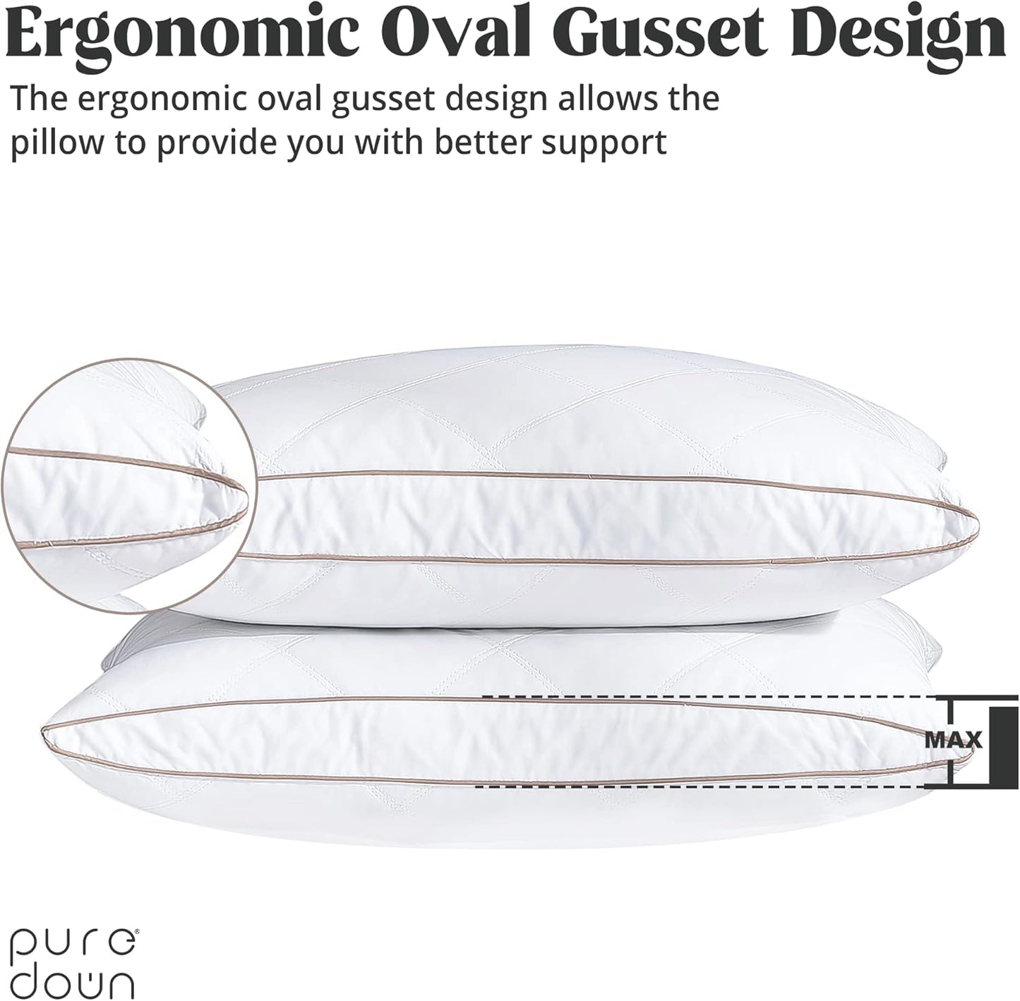 ® Natural Goose down Feather Pillows for Sleeping Oval Gusseted Feather down Pillow 100% Cotton Pillow Cover with Leaf Quilting King Set of 2