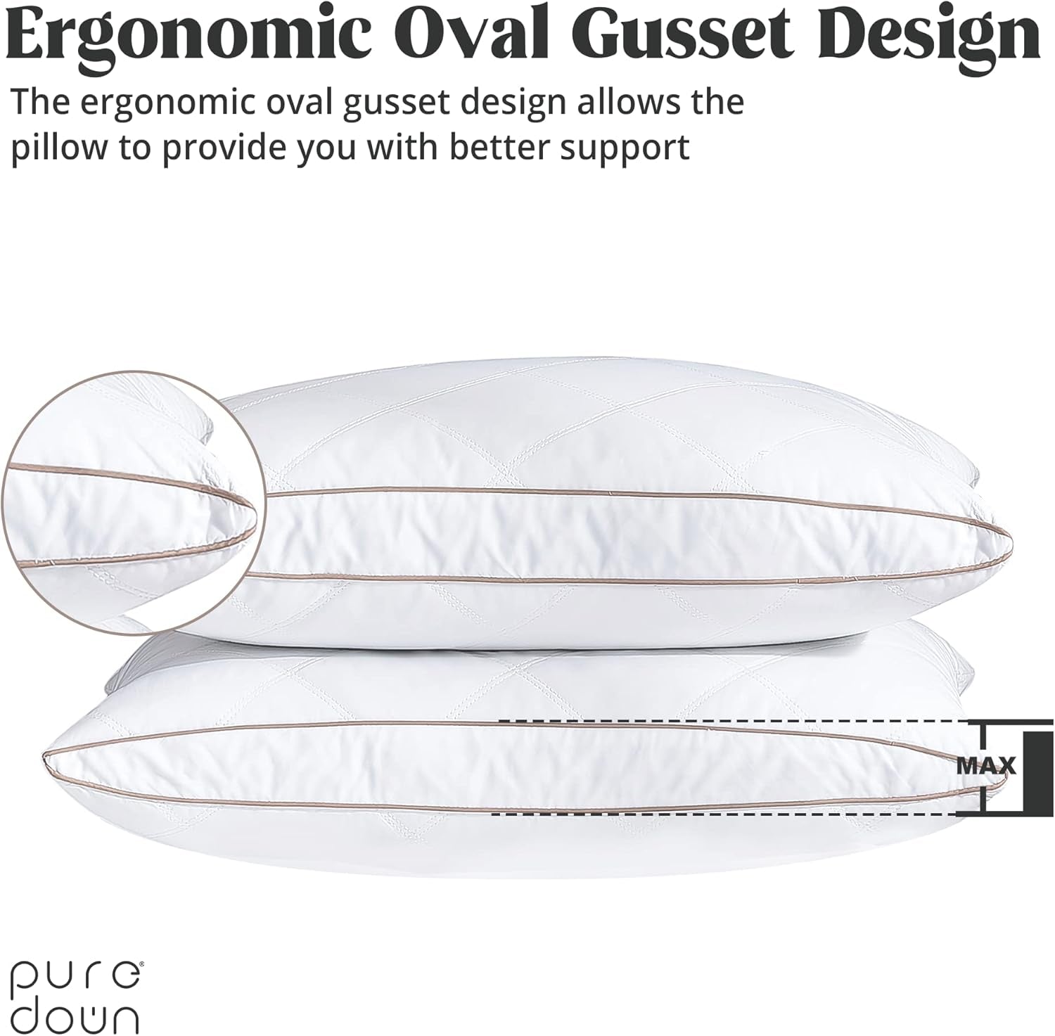 ® Natural Goose down Feather Pillows for Sleeping Oval Gusseted Feather down Pillow 100% Cotton Pillow Cover with Leaf Quilting King Set of 2