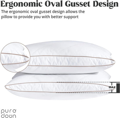 ® Natural Goose down Feather Pillows for Sleeping Oval Gusseted Feather down Pillow 100% Cotton Pillow Cover with Leaf Quilting King Set of 2