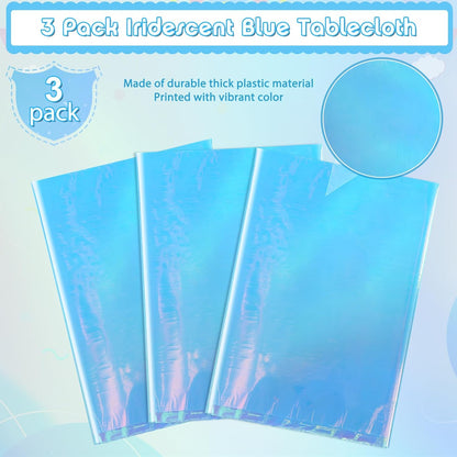 3 Pack Iridescent Blue Plastic Tablecloth,Shiny Blue Disposable Laser Rectangle Table Covers,Blue Holographic Foil Tablecloth Party Decorations for Birthday,40X108''