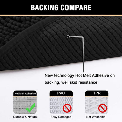 Black Bathroom Rug Set 2 Piece, Bath Mats for Bathroom Floor, Super Thick Soft Shaggy Chenille Bath Mats Machine Washable, Dry Fast Water Absorbent Bath Mats(20" X 32"/17" X 24")