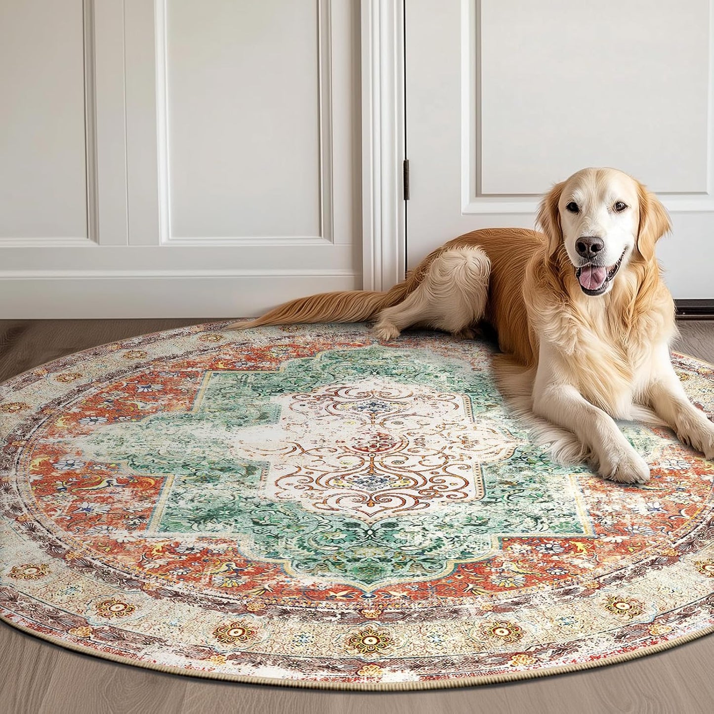 4Ft Area Rugs Machine Washable No Pile Non Slip Vintage Rugs for Living Room&Bedroom&Dinning Room Bohemian Distressed Carpet Indoor,Brick