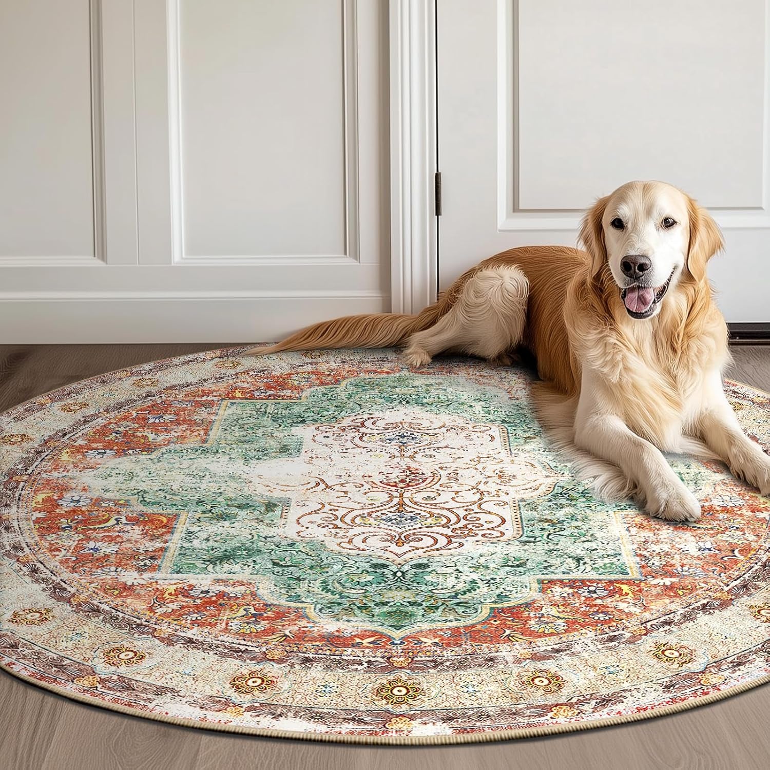 4Ft Area Rugs Machine Washable No Pile Non Slip Vintage Rugs for Living Room&Bedroom&Dinning Room Bohemian Distressed Carpet Indoor,Brick