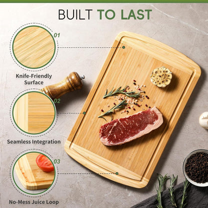 Large Wooden Cutting Board for Kitchen Meal Prep & Serving - Bamboo Cutting Boards with Juice Groove Side Handles, Charcuterie & Chopping Butcher Block - 100% Organic Bamboo, Pre Oiled, 16" X 10"