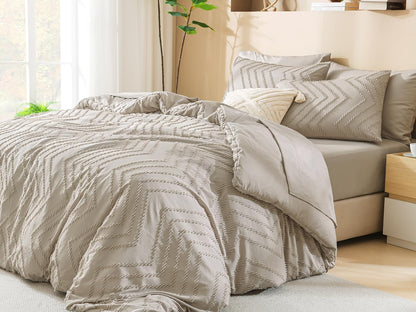 King Size Comforter Set with Sheets Beige - 7 Pieces Bed in a Bag King Chevron Tufted Boho Luxury Bedding Sets with Comforter, Sheets, Pillowcases & Shams