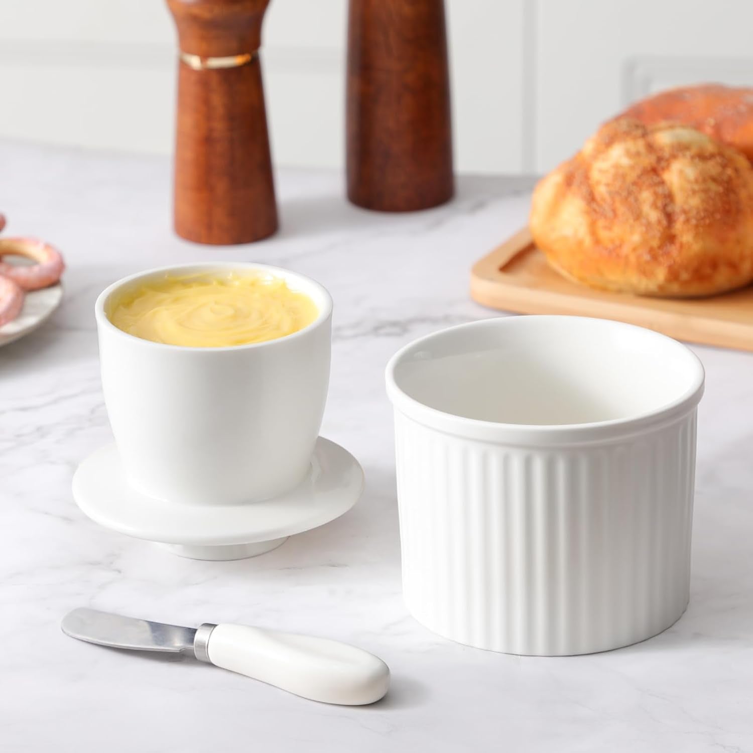 Large Butter Crock for Counter with Water Line, Butter Keeper, Ceramic French Butter Dish Holder for Fresh Spreadable Soft Butter (White, 8 Ounce)