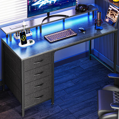 47-Inch Computer Desk with Integrated Power Outlets and LED Lighting, Gaming and Office Desk with Four Drawers and Monitor Stand, Ideal for Home Offices and Small Spaces, Gray