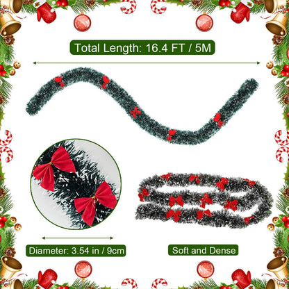 5M Christmas Tinsel Garland Christmas Tree Decorations Silver Foil Tinsel Garland Metallic Hanging Garland for New Year Party Holiday (Green W/Red Bow-16Ft (No Lights))