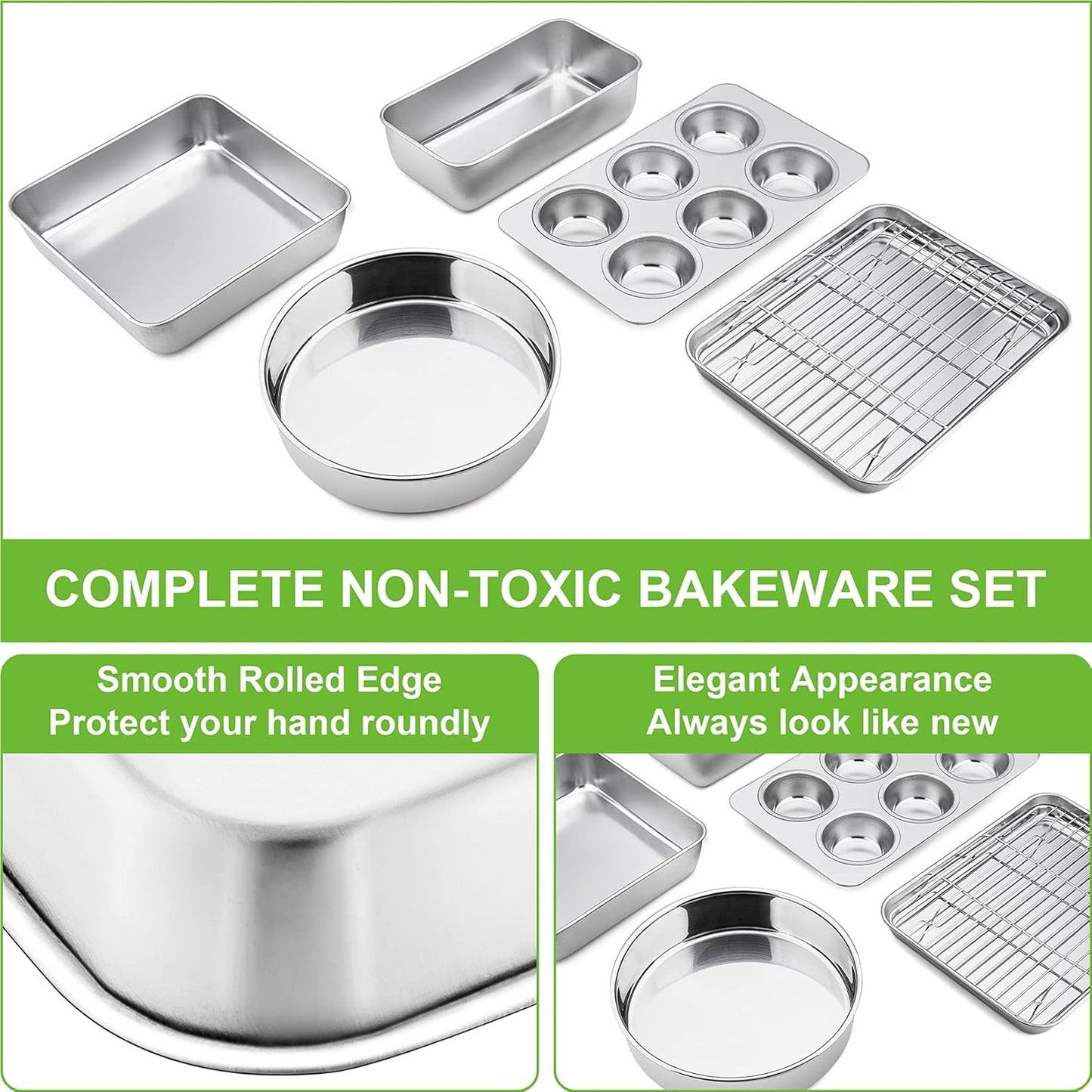 6-Piece Small Toaster Oven Pan Set, Stainless Steel Bakeware Set, Toaster Oven Tray with Rack, Square/Round Cake Pan, Loaf Pan & Muffin Pan, Non Toxic & Easy Clean