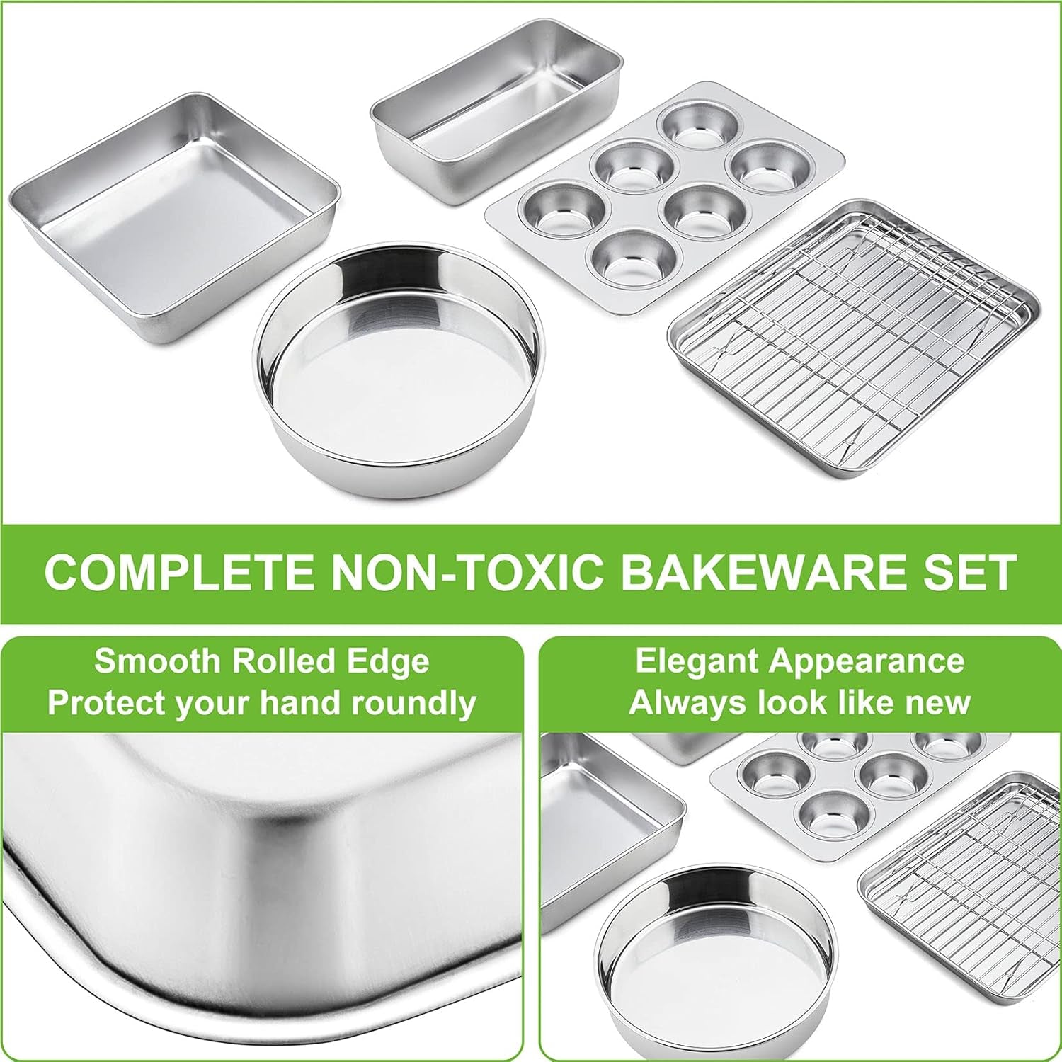 6-Piece Small Toaster Oven Pan Set, Stainless Steel Bakeware Set, Toaster Oven Tray with Rack, Square/Round Cake Pan, Loaf Pan & Muffin Pan, Non Toxic & Easy Clean