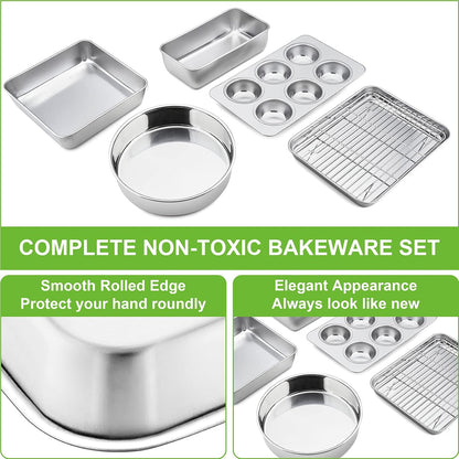 6-Piece Small Toaster Oven Pan Set, Stainless Steel Bakeware Set, Toaster Oven Tray with Rack, Square/Round Cake Pan, Loaf Pan & Muffin Pan, Non Toxic & Easy Clean