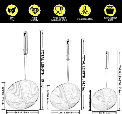 Stainless Steel Spider Skimmer, Set of 3 Professional Kitchen Pasta Strainer Spoon with Long Handle - Asian Strainer Ladle Wire Skimmer Spoons for Cooking and Frying (4.5"+5.3"+6.1")