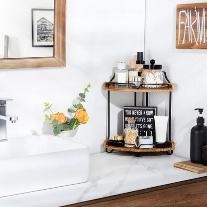 Two-Tier Wooden Corner Bathroom Countertop Organizer for Makeup and Skincare Storage