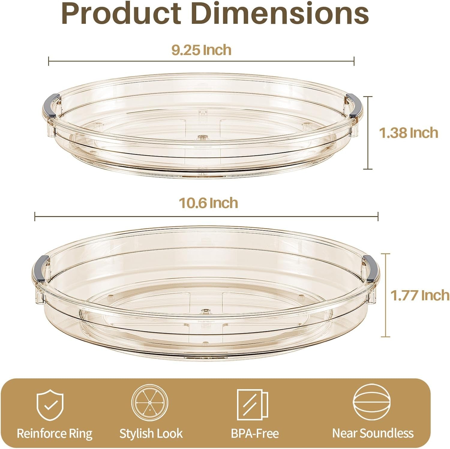 2 Pack Lazy Susan Turntable Organizer for Cabinet, 10.6'' 9.25'' Condiment Organizer for Refrigerator, Kitchen Pantry, Medicine Cabinet Organizer, Spices Rack Organization, Bathroom, Amber