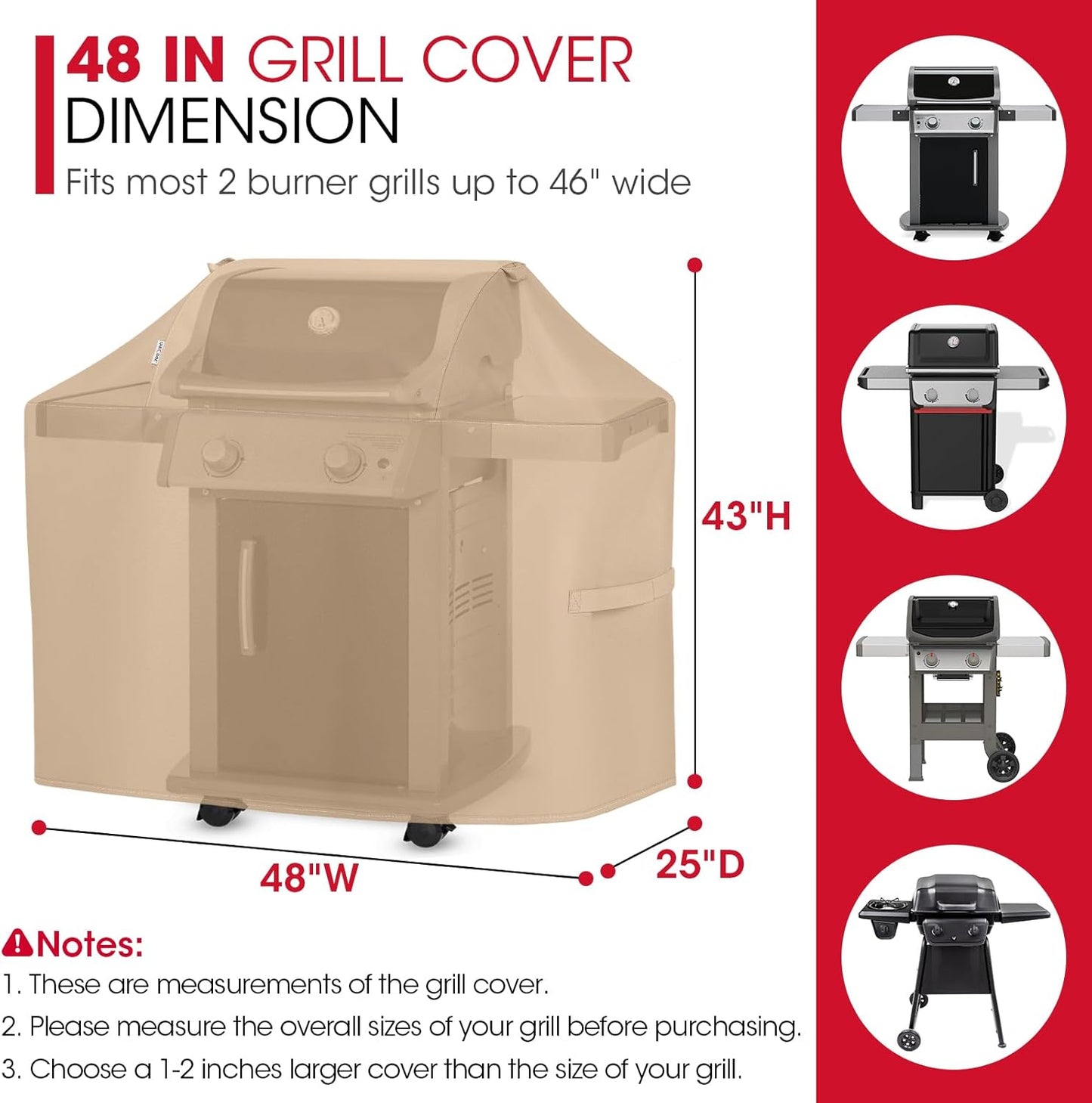 BBQ Grill Cover for Outdoor Grill 48 Inch, Heavy Duty Waterproof 2 Burner BBQ Cover, Compatible with Weber Char-Broil and Nexgrill Gas Grills, All Weather Protection, Light Brown