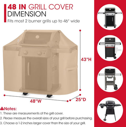 BBQ Grill Cover for Outdoor Grill 48 Inch, Heavy Duty Waterproof 2 Burner BBQ Cover, Compatible with Weber Char-Broil and Nexgrill Gas Grills, All Weather Protection, Light Brown