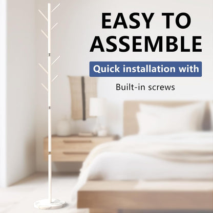 Heavy Duty Coat Rack with Natural Marble Base, Freestanding Metal Coat Stand with 8 Hooks, Modern Stable Coat Hanger Tree for Bags, Jacket, Clothes, and Hats, White Metal