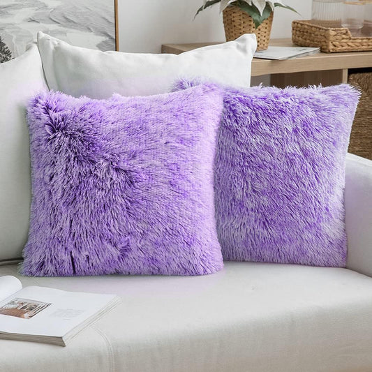 Pack of 2 Ultra Soft Fluffy Throw Pillow Covers Decorative Plush Shaggy Double-Sided Faux Fur Winter Pillow Cases Cushions Covers for Cute Sofa Bedroom Ca 18X18 Inch Purple Ombre