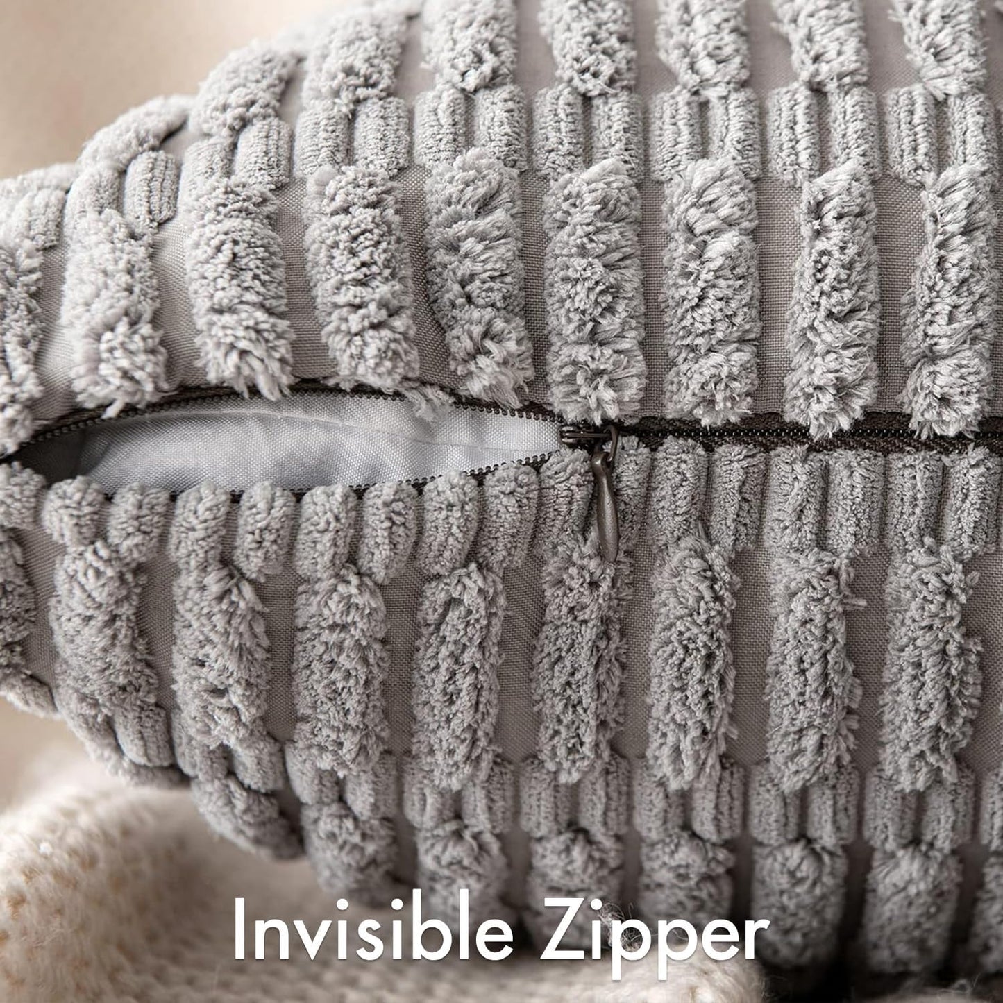 Set of 2 Light Grey Decorative Pillow Covers 18X18 Inch Textured Striped Patchwork Accents Farmhouse Boho Soft Corduroy Couch Pillows for Sofa Living Room Bed Home Decor