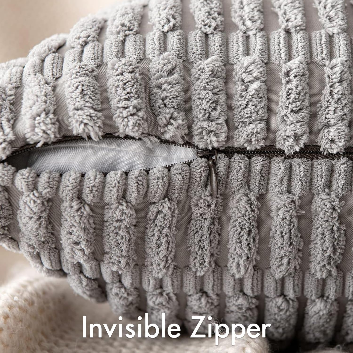 Set of 2 Light Grey Decorative Pillow Covers 18X18 Inch Textured Striped Patchwork Accents Farmhouse Boho Soft Corduroy Couch Pillows for Sofa Living Room Bed Home Decor