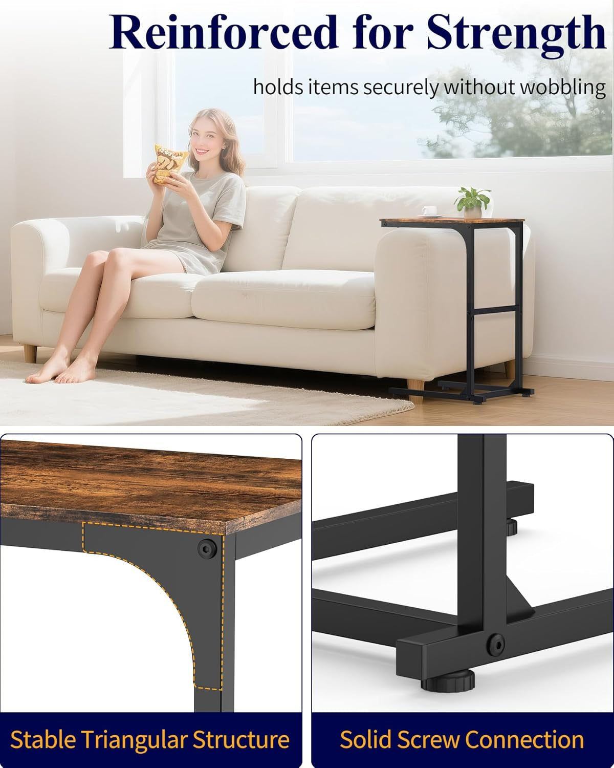 Side Table - C-Shaped Small End Tables for Living Room & Bedroom, Rustic-Style Narrow Couch Table for Small Spaces, Leveling Feet Attached, 15.7"×11.8"×24.0"