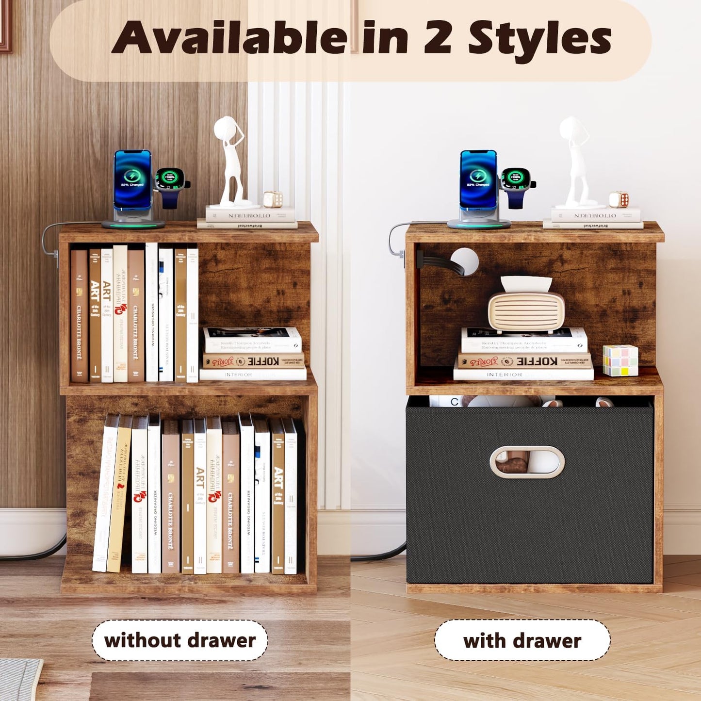 Nightstand with Charging Station and Drawer, 3 Tier End Table with Open Shelf, Wood S Shaped Bedside Table with Storage for Living Room/Bedroom/Small Space, Rustic Brown