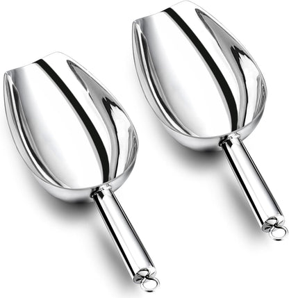 12 Ounce Ice Scoop Set of 2, Stainless Steel Large Food Scoop for Candy Bean Rice Flour Popcorn Cereal, Mirror Finish & Hanging Loop, Sturdy & Dishwasher Safe